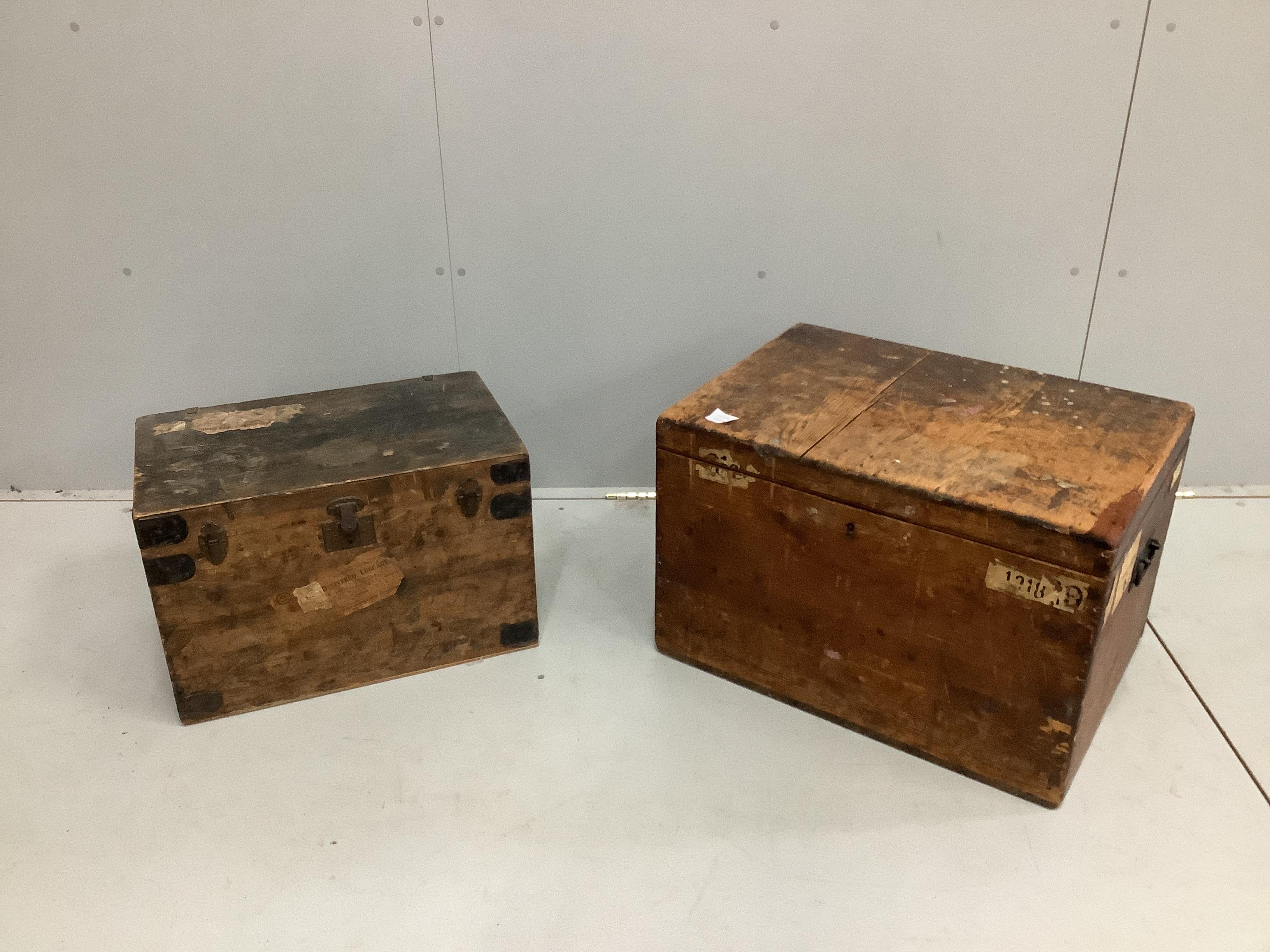 A Victorian rectangular pine trunk, width 65cm, depth 47cm, height 43cm together with a smaller later iron bound trunk